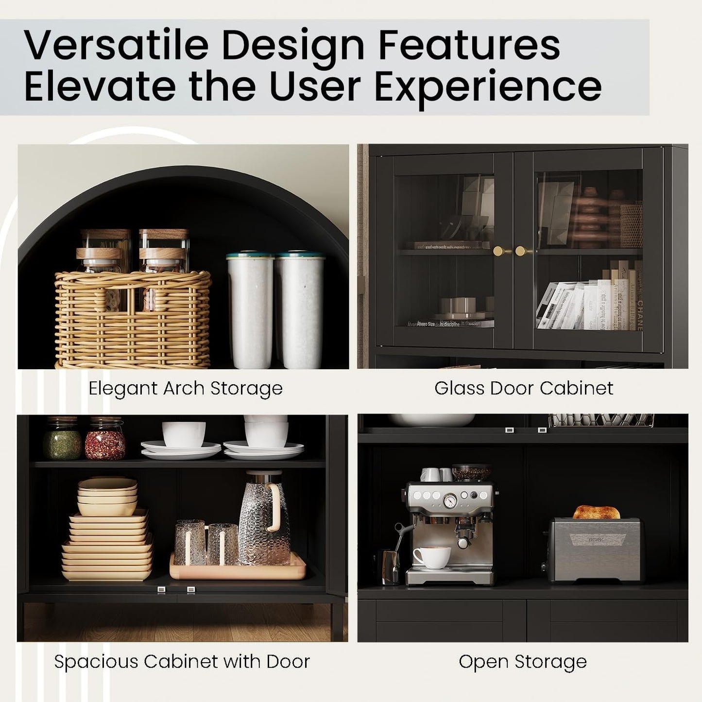 YODOLLA 73" Kitchen Pantry, Metal Arched Cabinet with Glass Door & Adjustable Shelves