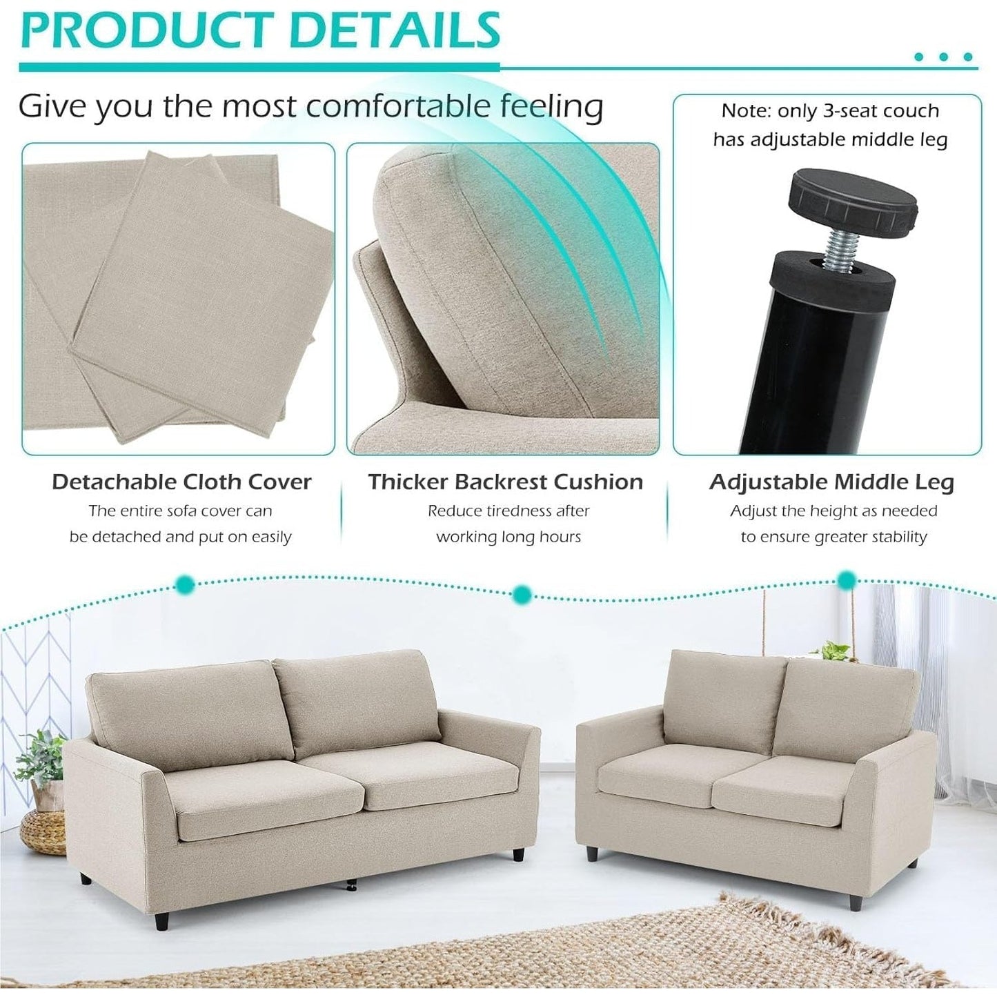 YODOLLA 2 Seater Sofa with Removable Sofa Covers, Morden Love Seat Comfy Couch