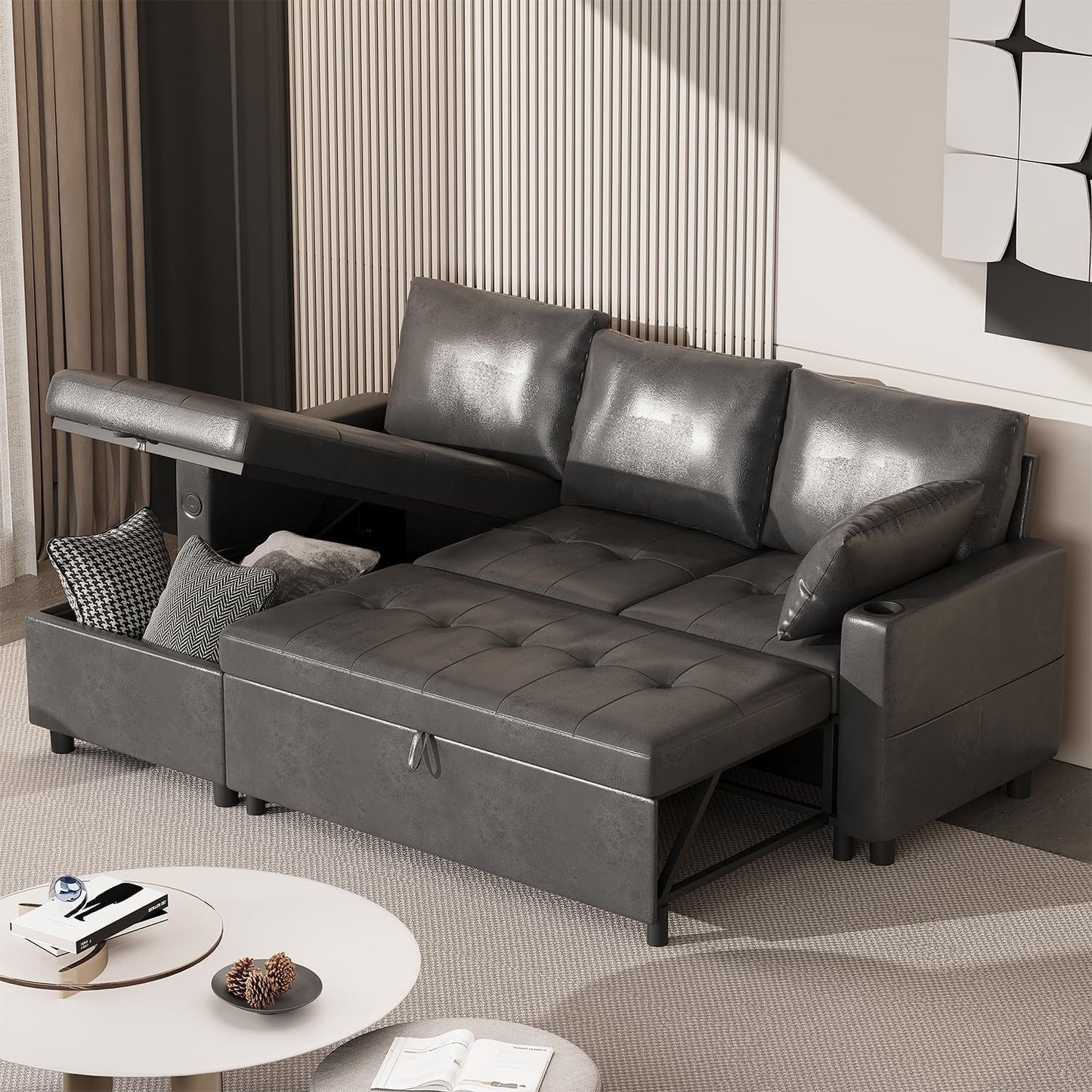 YODOLLA Faux Leather L-Shaped Sleeper Sofa, Pullout Bed, USB & Storage, Black