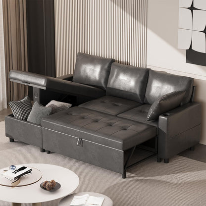 YODOLLA Faux Leather L-Shaped Sleeper Sofa, Pullout Bed, USB & Storage, Black