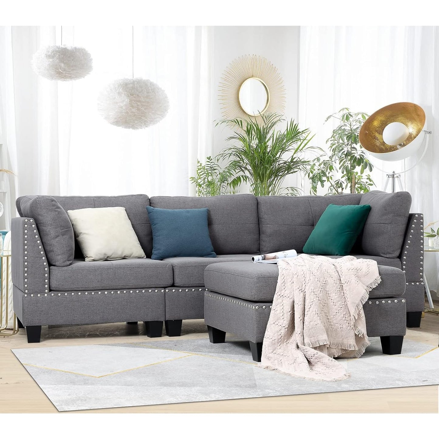 YODOLLA 88.6” L-Shaped Sofa Couch with Reversible Chaise, Fabric Gray
