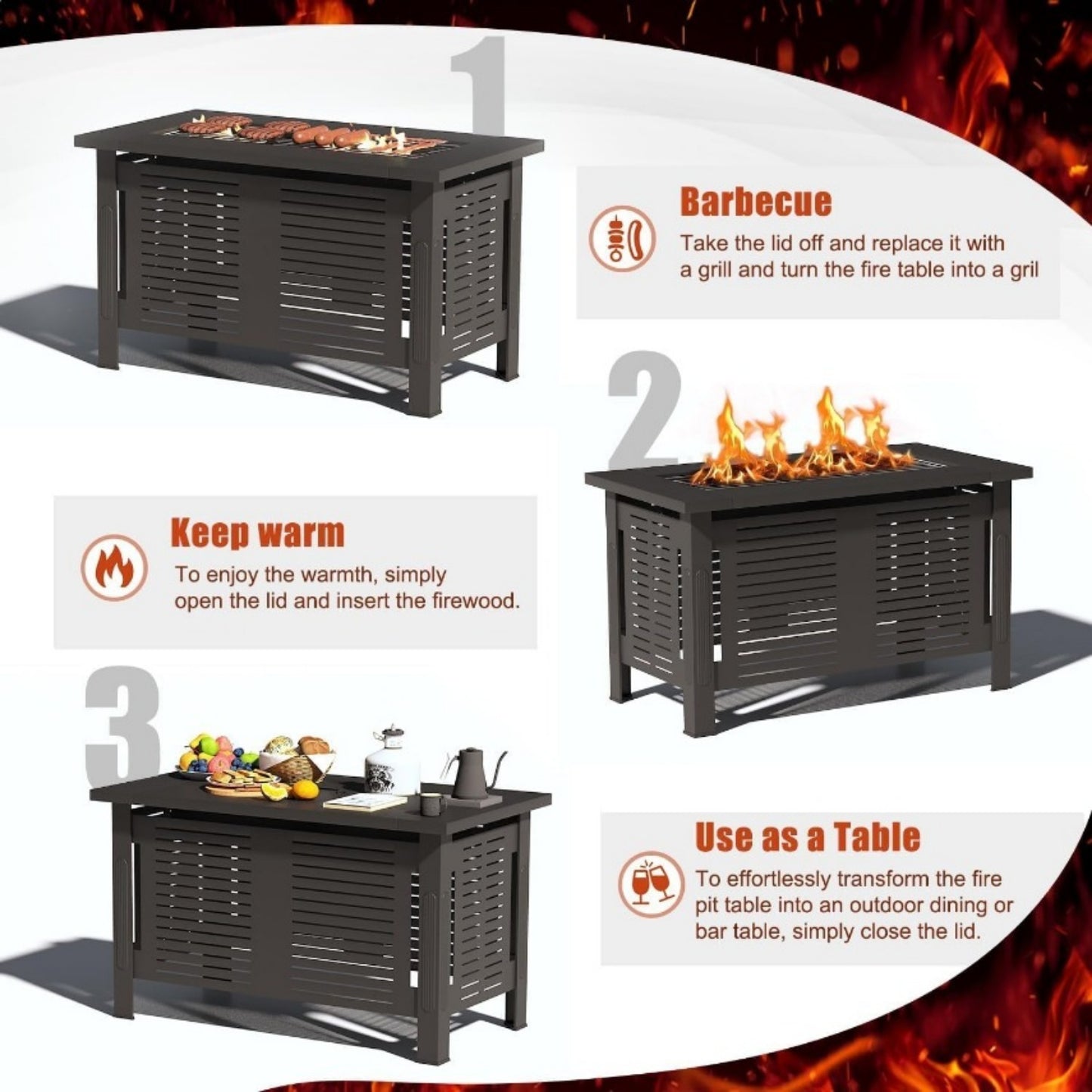 YODOLLA Fire Pit Table, Firepit Outdoor Table, 43 Inch, Black