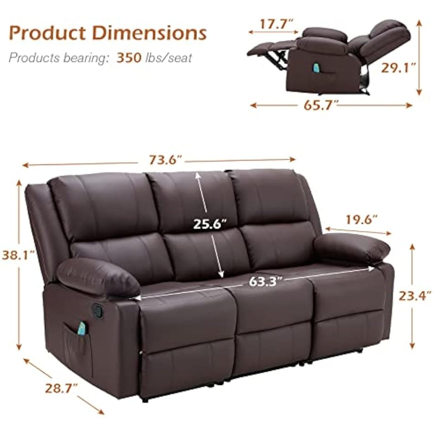 YODOLLA Reclining Sofa 3-Seater Couch, Brown