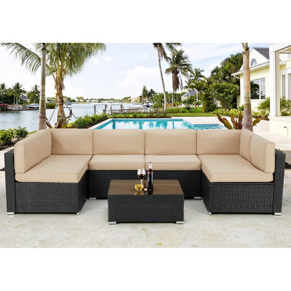 YODOLLA 7 Piece Outdoor Patio Furniture Set, Black & Beige