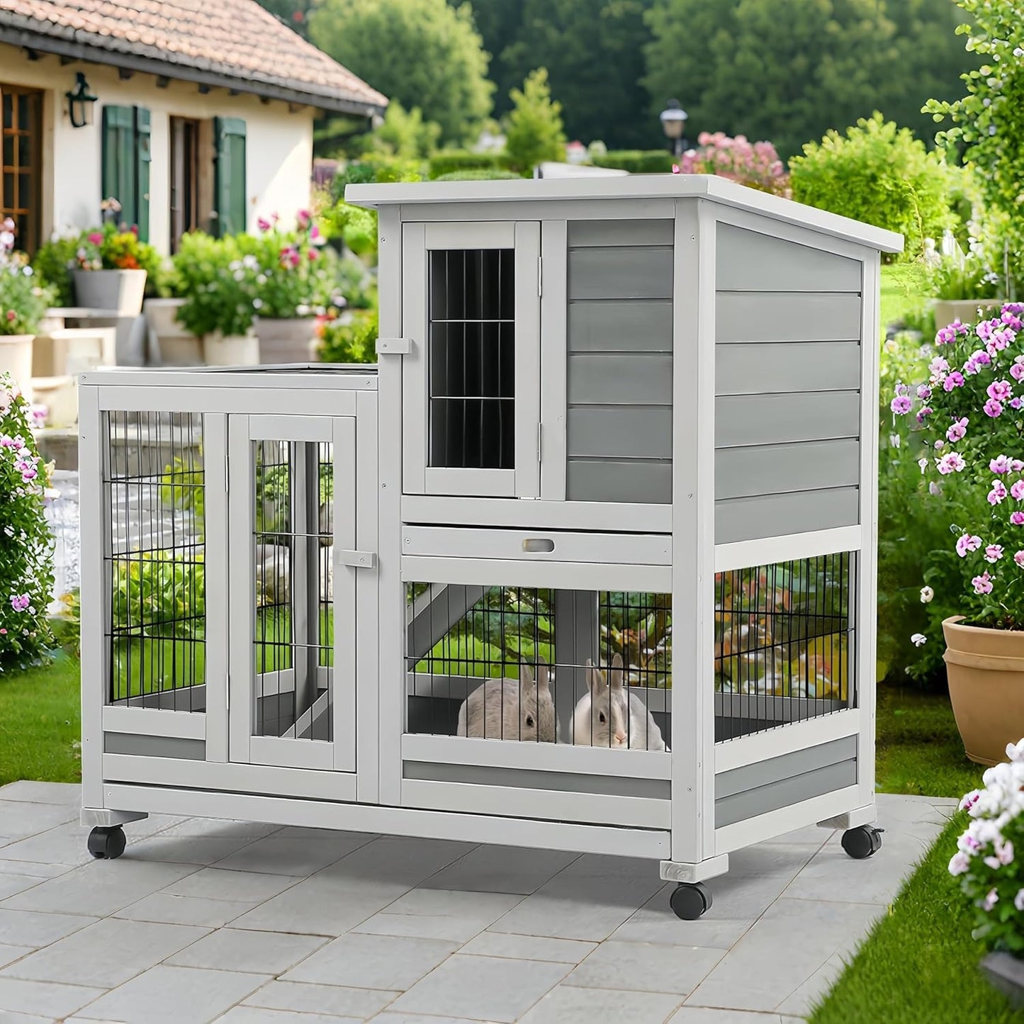 YODOLLA 37" Rabbit Cage with Wheels, Gray