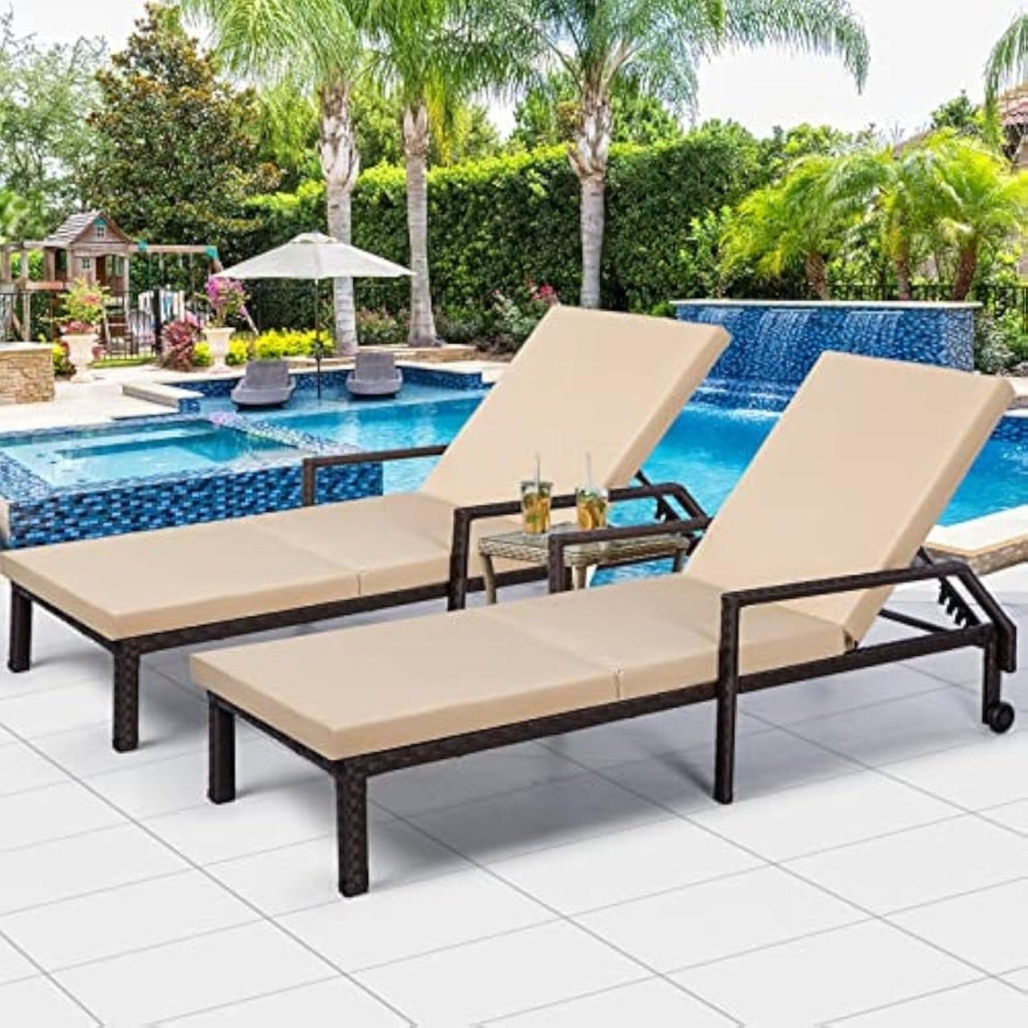 YODOLLA 2 PCS Outdoor Lounge Chairs, Brown Rattan with Beige Cushion