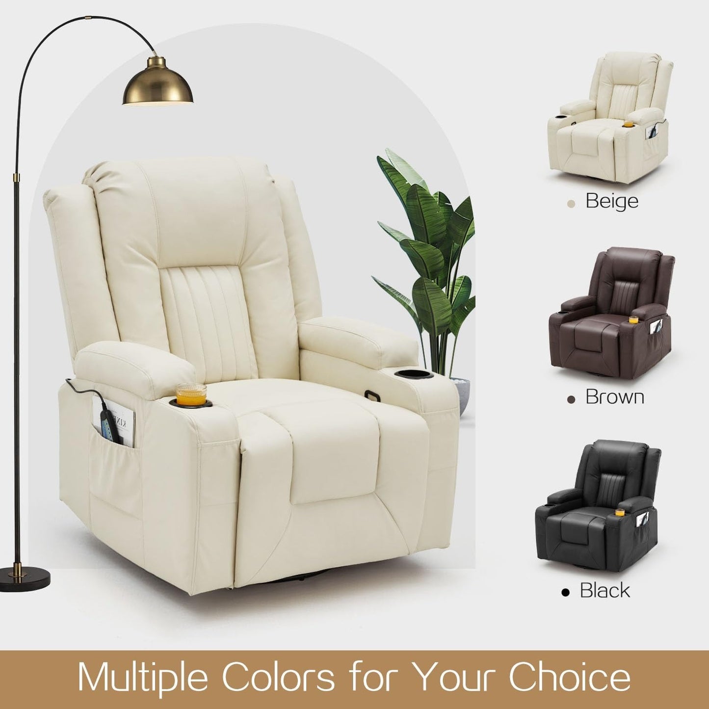 YODOLLA Recliner Chair with Heat&Massage, PU Leather Cream White