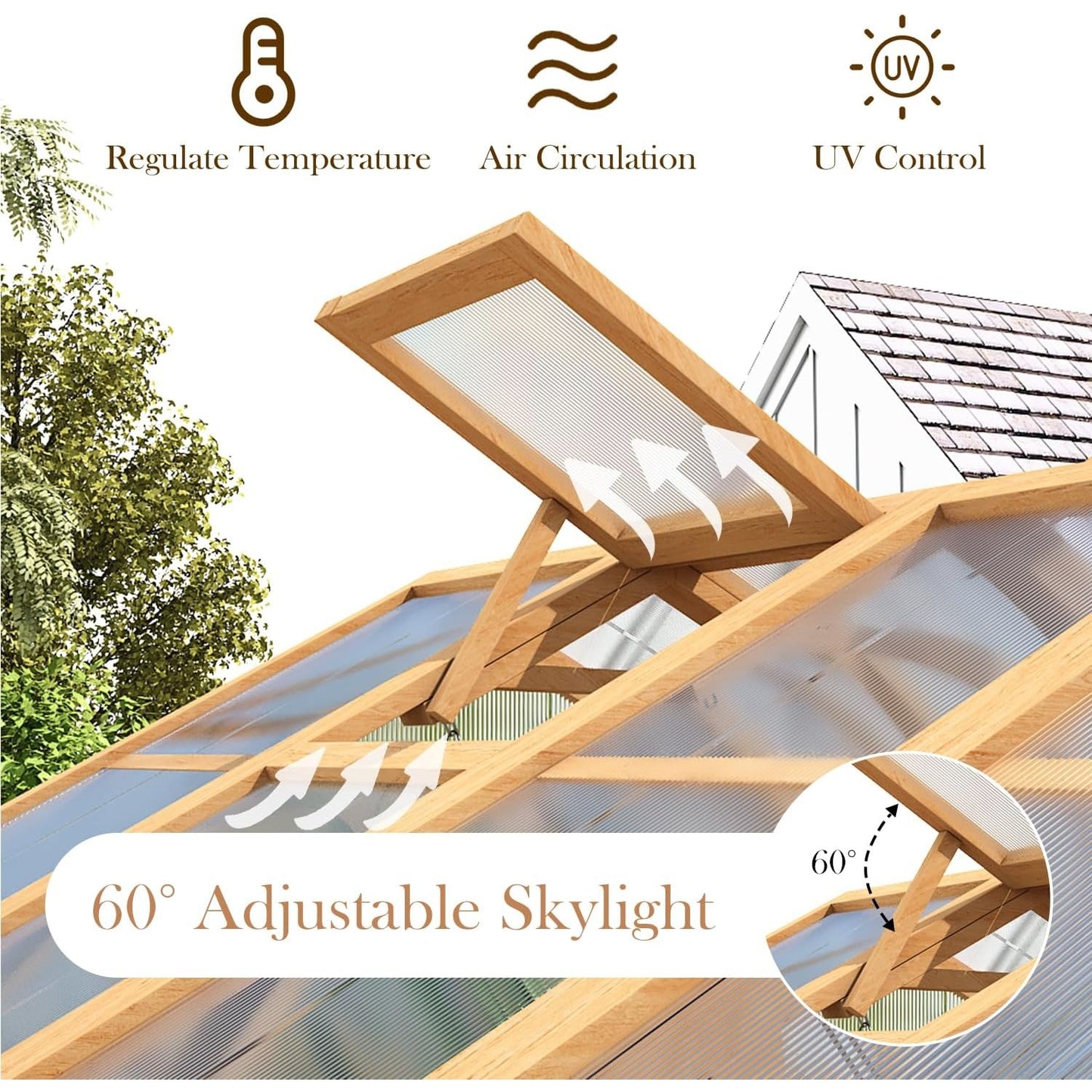 YODOLLA 6x7 FT Wooden Greenhouse, Walk-in Garden Greenhouse with Plant Stand