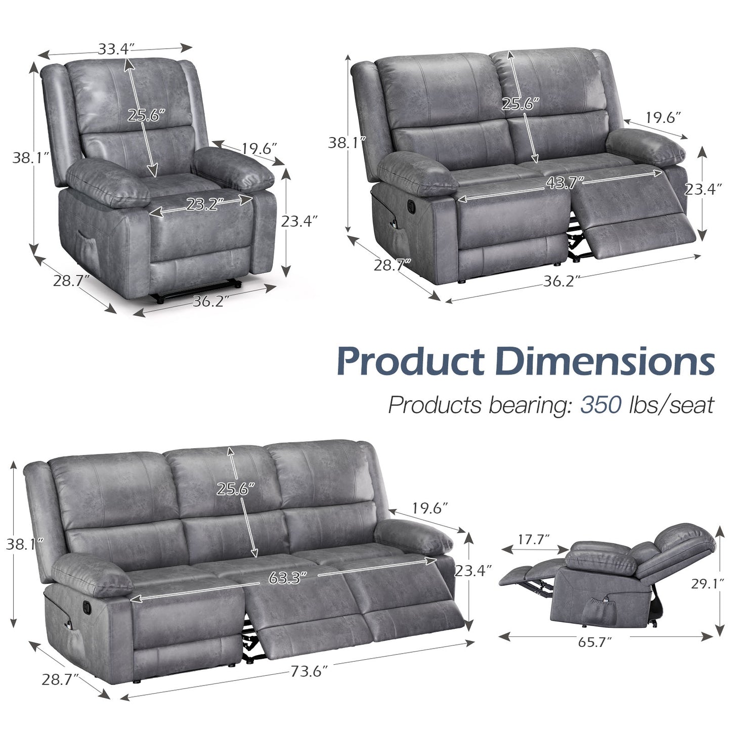 YODOLLA 3 PCS Recliner Sofa Set Overstuffed Leather Reclining Sofa, Gray