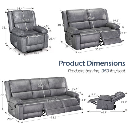 YODOLLA 3 PCS Recliner Sofa Set Overstuffed Leather Reclining Sofa, Gray