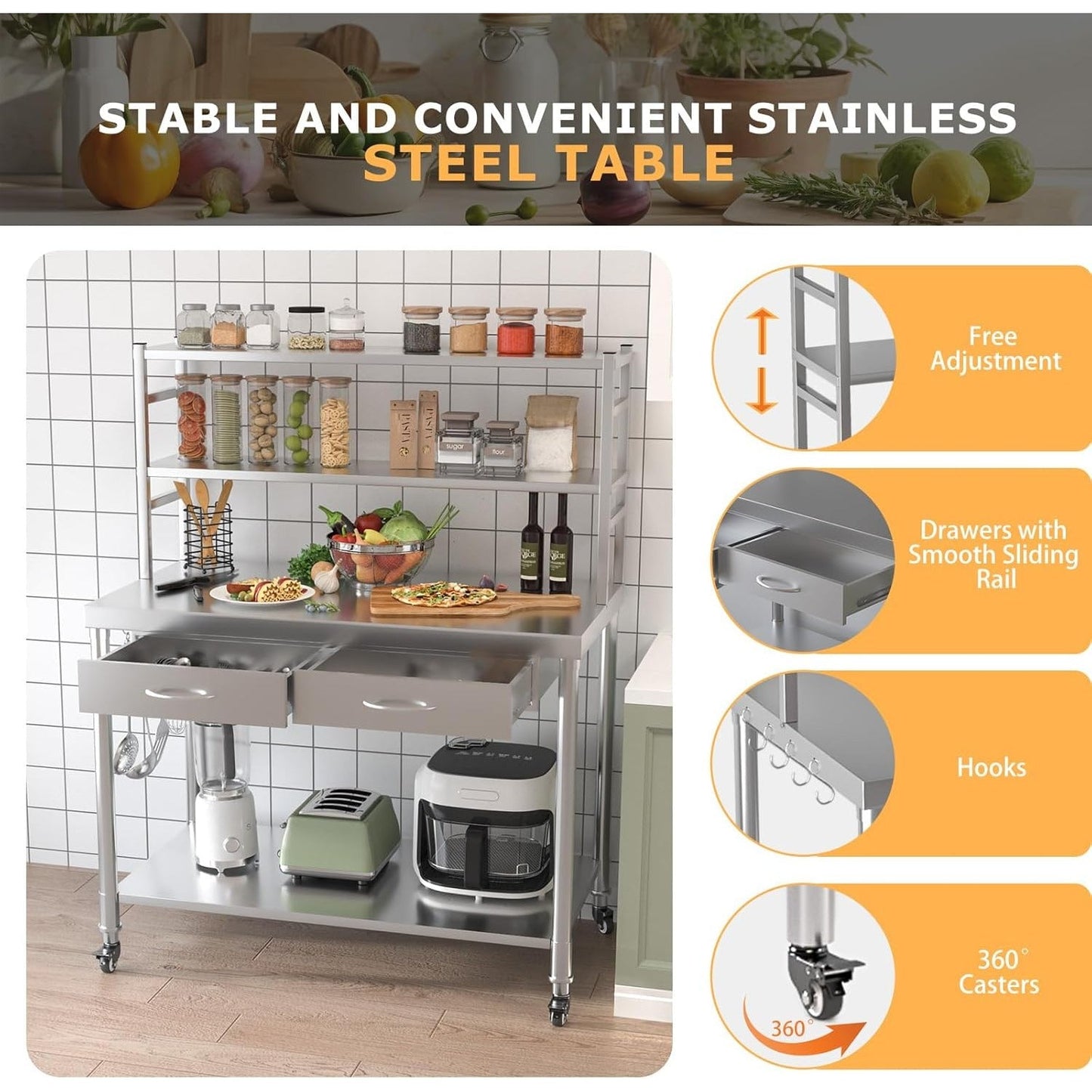 YODOLLA Stainless Steel Table with Shelves and Drawer 48"x24" Prep Table for Commercial Kitchen