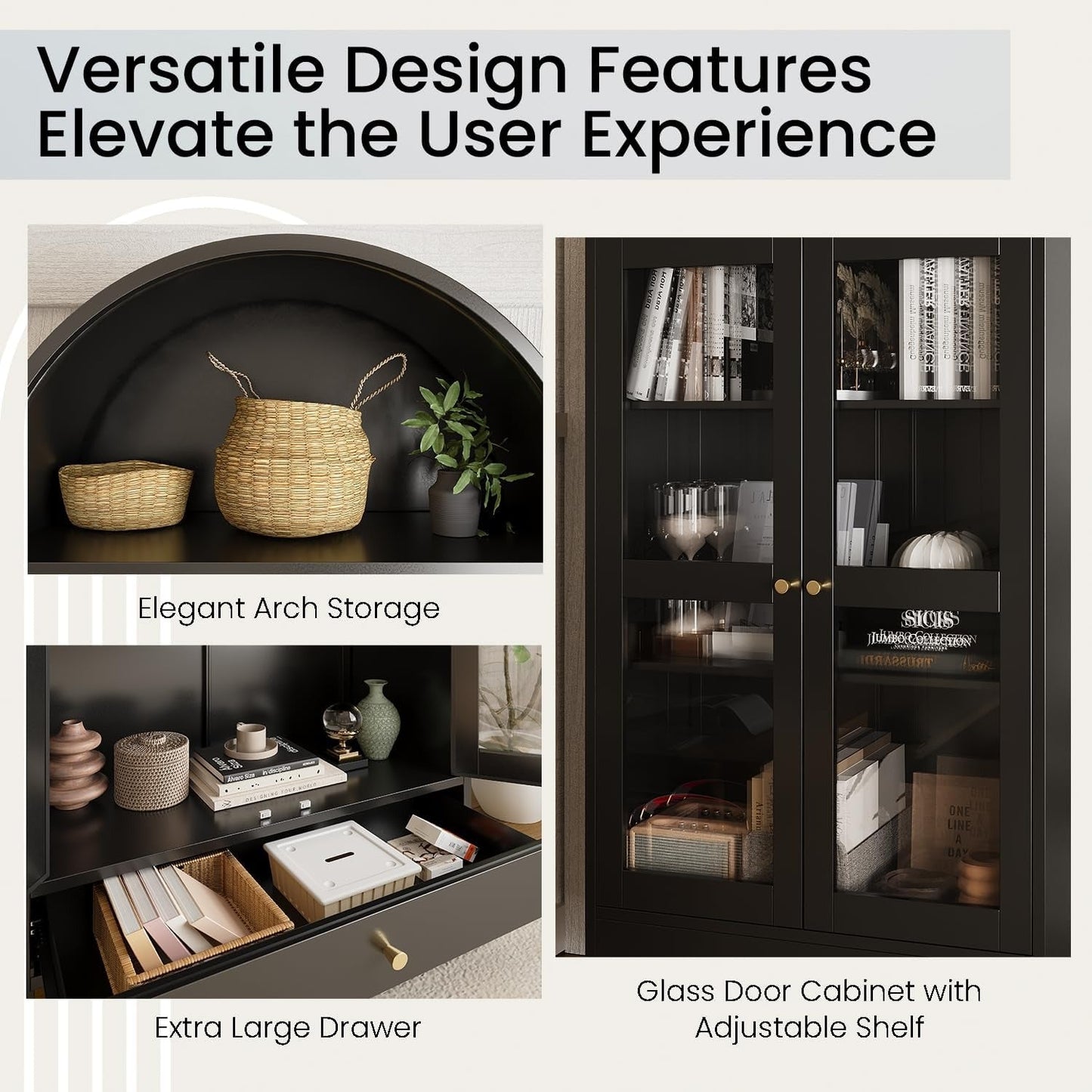 YODOLLA 73'' Kitchen Pantry, Metal Arched Storage Cabinet, Modern Display Bookcase China Cabinet