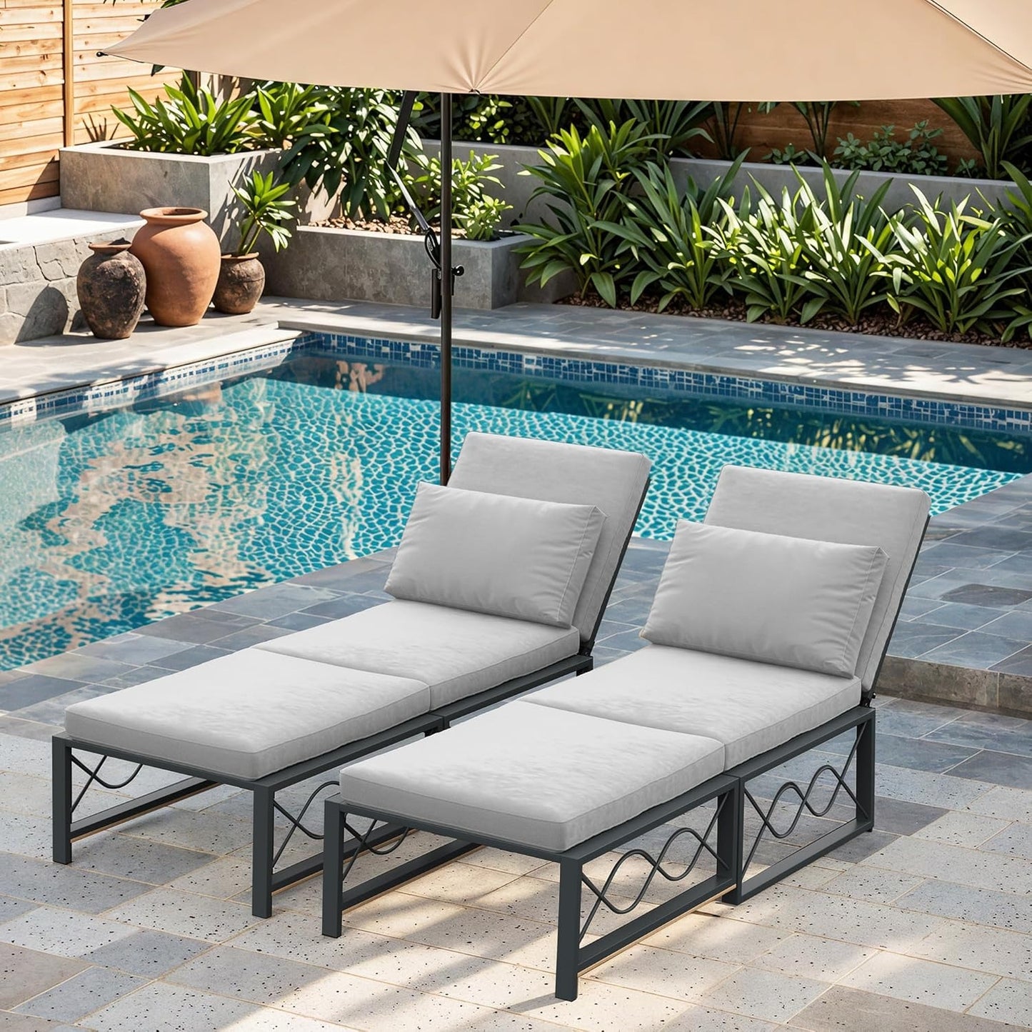 YODOLLA Outdoor Metal Chaise Lounge Adjustable Chair Set of 2 with 1 Side Table