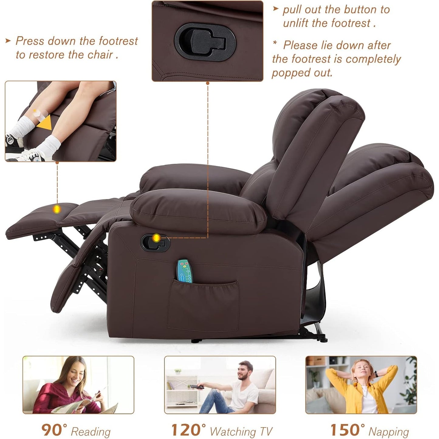 YODOLLA 2 Seat Loveseat Recliner with Heat&Massage Function, Faux Leather, Brown