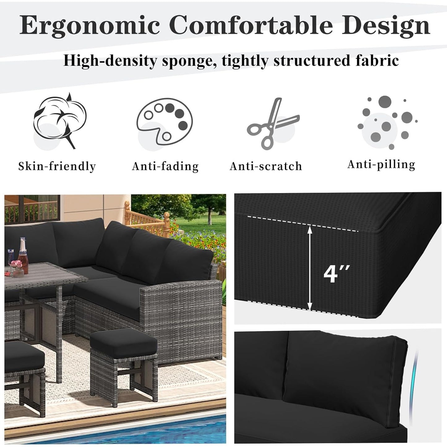 YODOLLA Memory Foam Cushions and Covers, Black