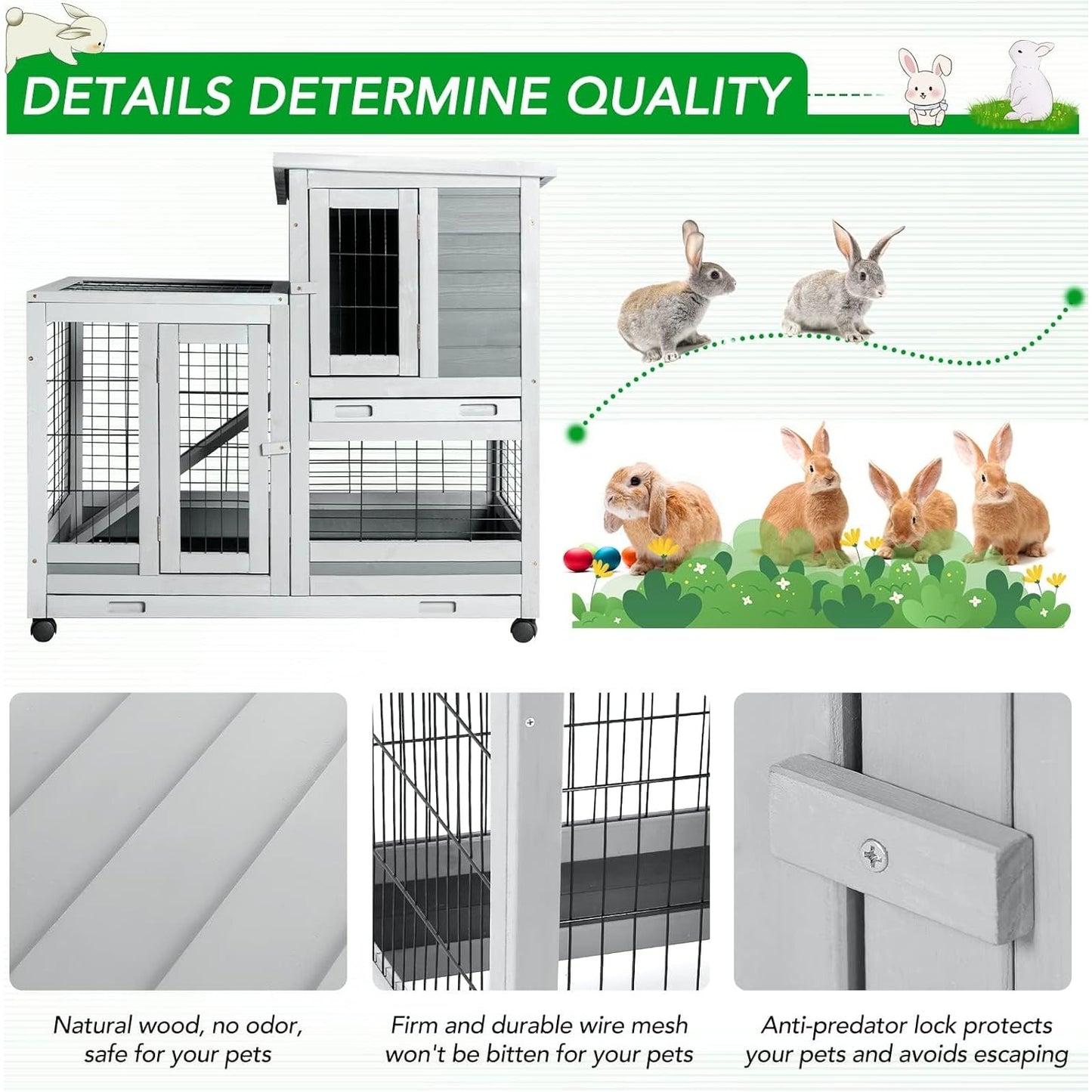 YODOLLA 37" Rabbit Cage with Wheels, Gray