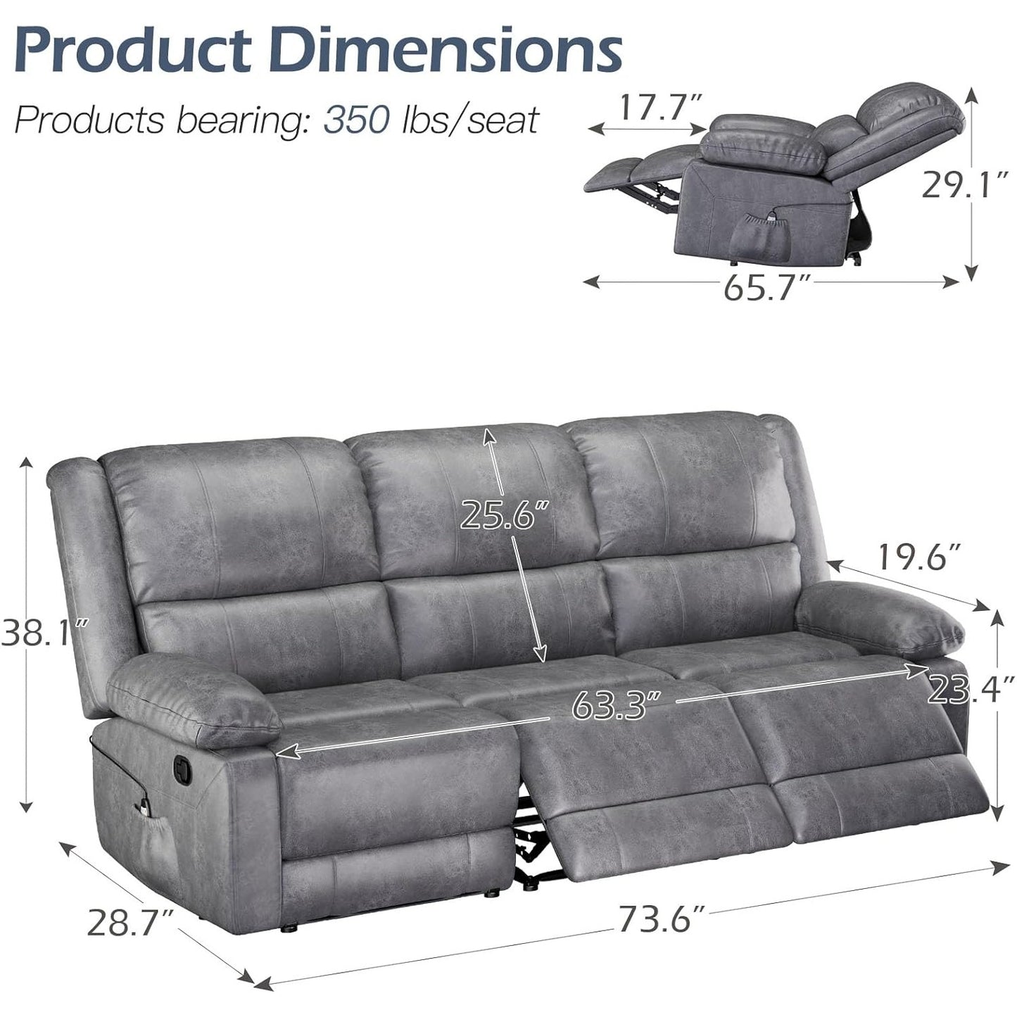 YODOLLA Reclining Sofa 3-Seater Couch, Gray