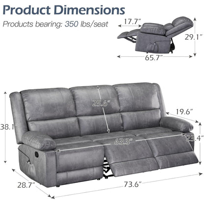YODOLLA Reclining Sofa 3-Seater Couch, Gray