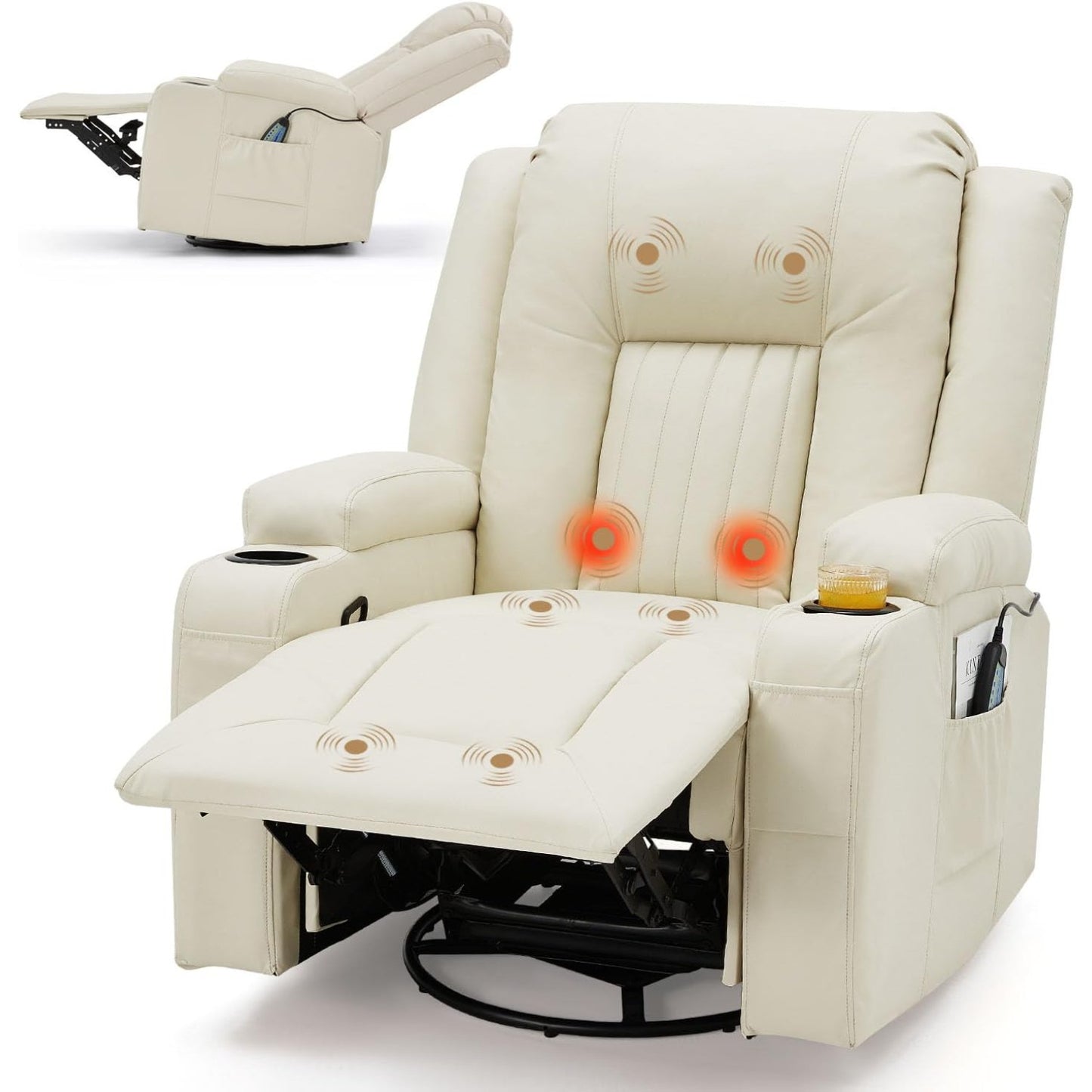 YODOLLA Recliner Chair with Heat&Massage, PU Leather Cream White