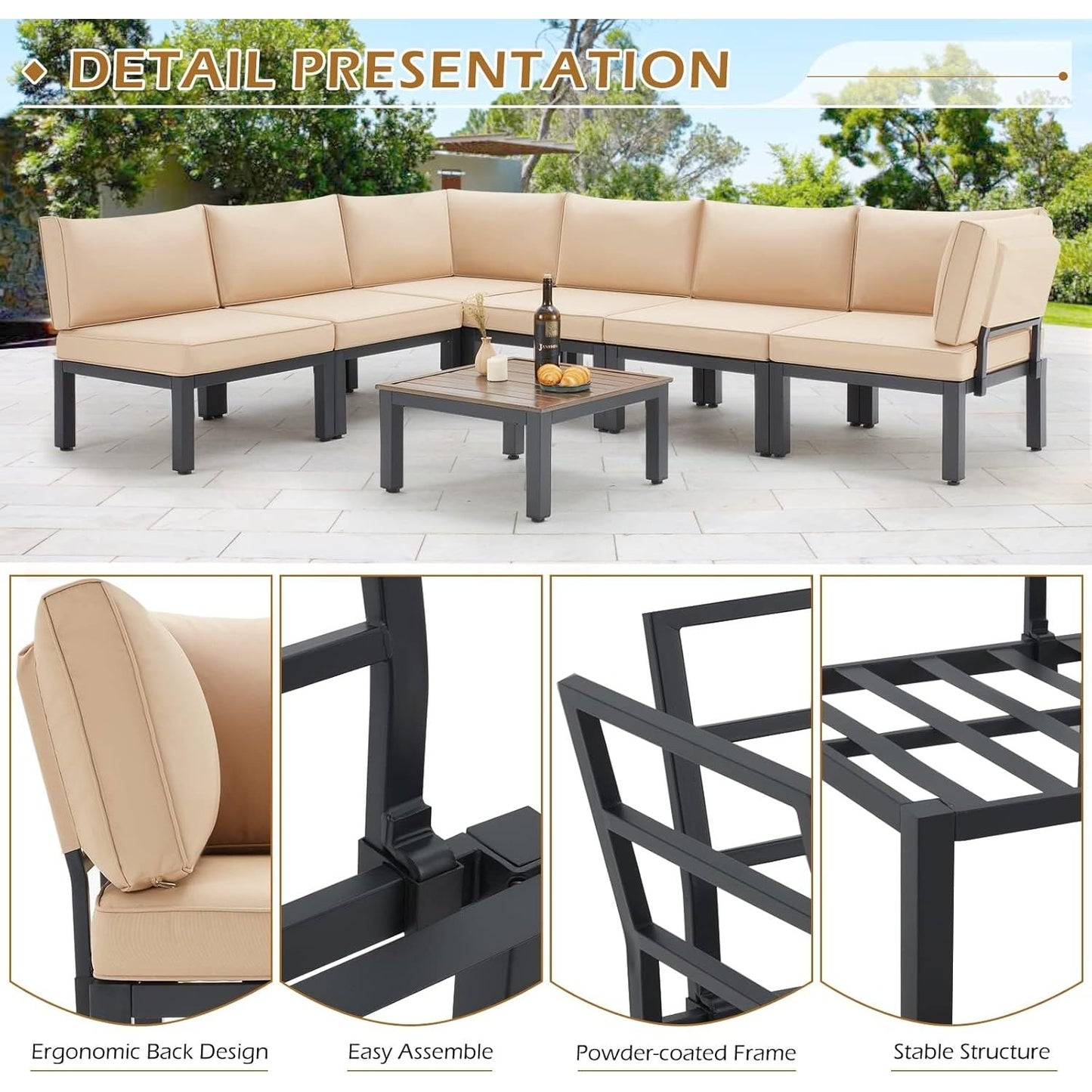 YODOLLA Outdoor Patio Furniture Set, 7 Piece Metal Patio Sectional Conversation Sofa