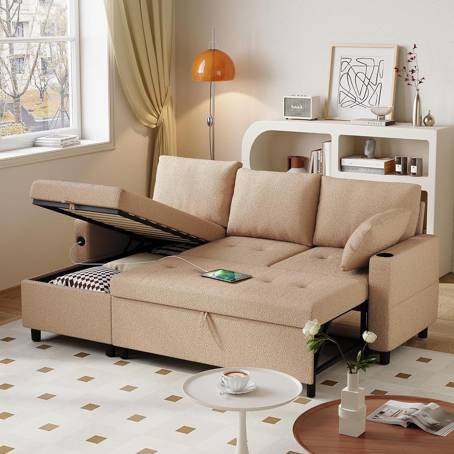 YODOLLA Teddy Velvet L-Shaped Sleeper Sofa, Pullout Bed, USB & Storage, Brown