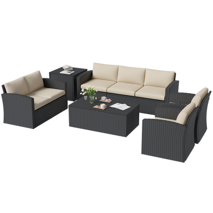 YODOLLA 7 PCS Outdoor Patio Furniture Sets with 2 Storage Boxes, Black & Beige