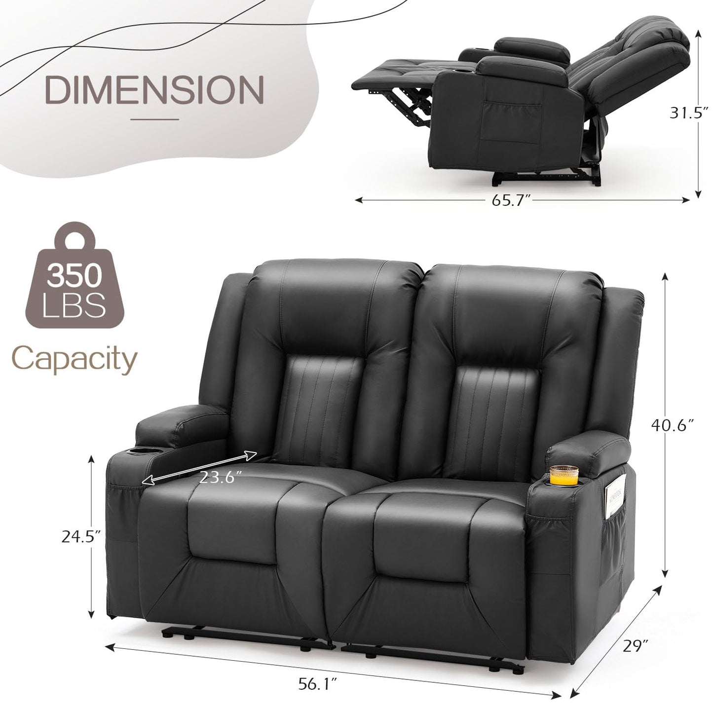 YODOLLA Double Recliner, Home Theater Seating, Black