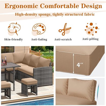 YODOLLA Outdoor Cushions, Fits 7-Seats Sectional Rattan Conversation Set, Memory Foam Cushions and Covers (Beige)