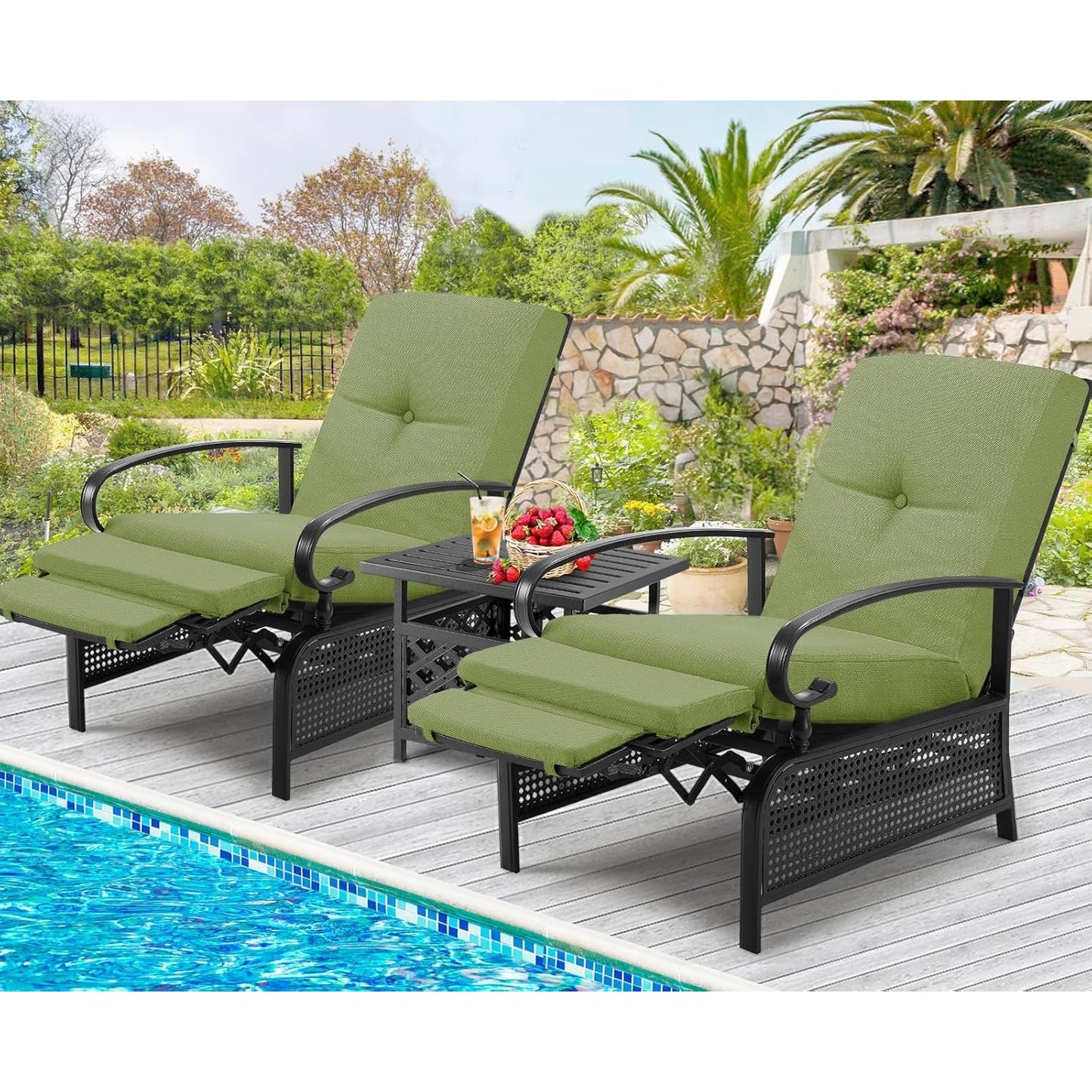 YODOLLA Outdoor Recliner Chairs Set of 2 with Side Table