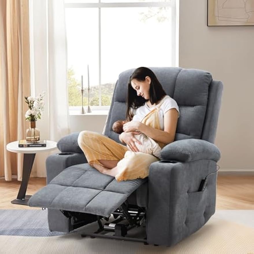 YODOLLA Wide Armrests Electric Recliner Nursery Chair, Linen Leather, Gray Blue