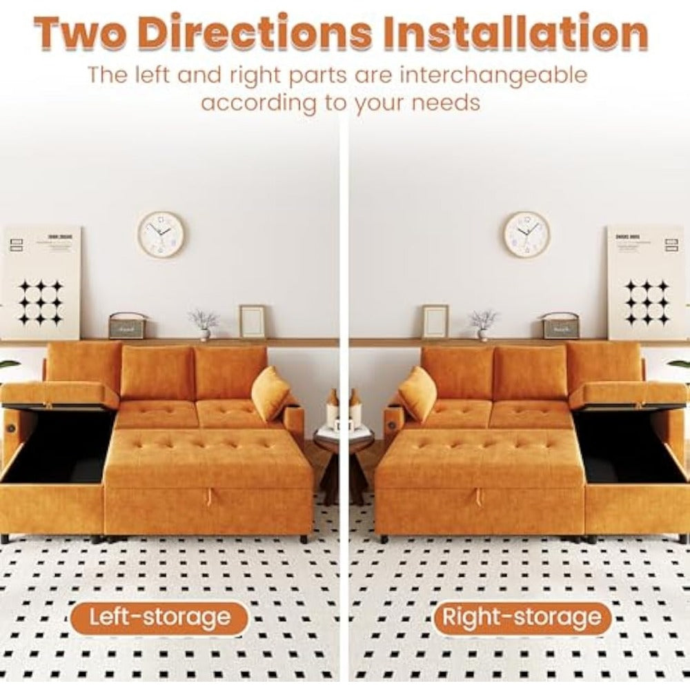 YODOLLA L-Shaped Sleeper Sofa, Pullout Bed, USB & Storage, Orange