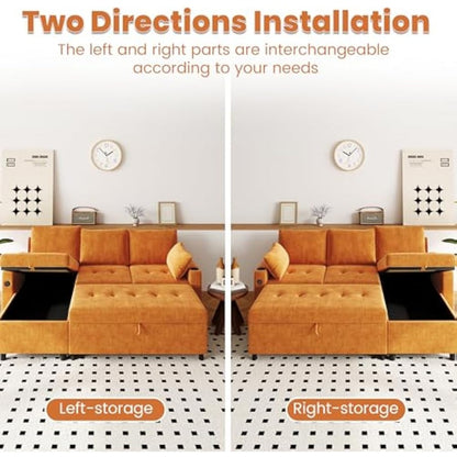 YODOLLA L-Shaped Sleeper Sofa, Pullout Bed, USB & Storage, Orange