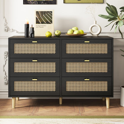 YODOLLA Wicker Dresser 6 Drawer Rattan Dresser, Black