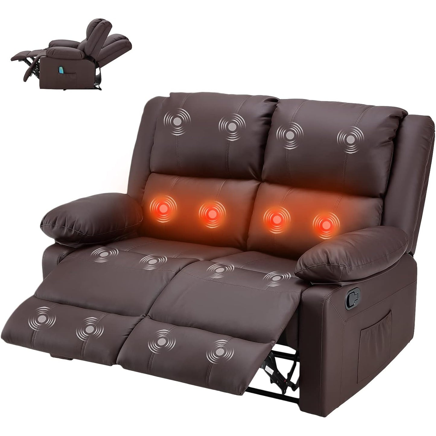 YODOLLA 2 Seat Loveseat Recliner with Heat&Massage Function, Faux Leather, Brown