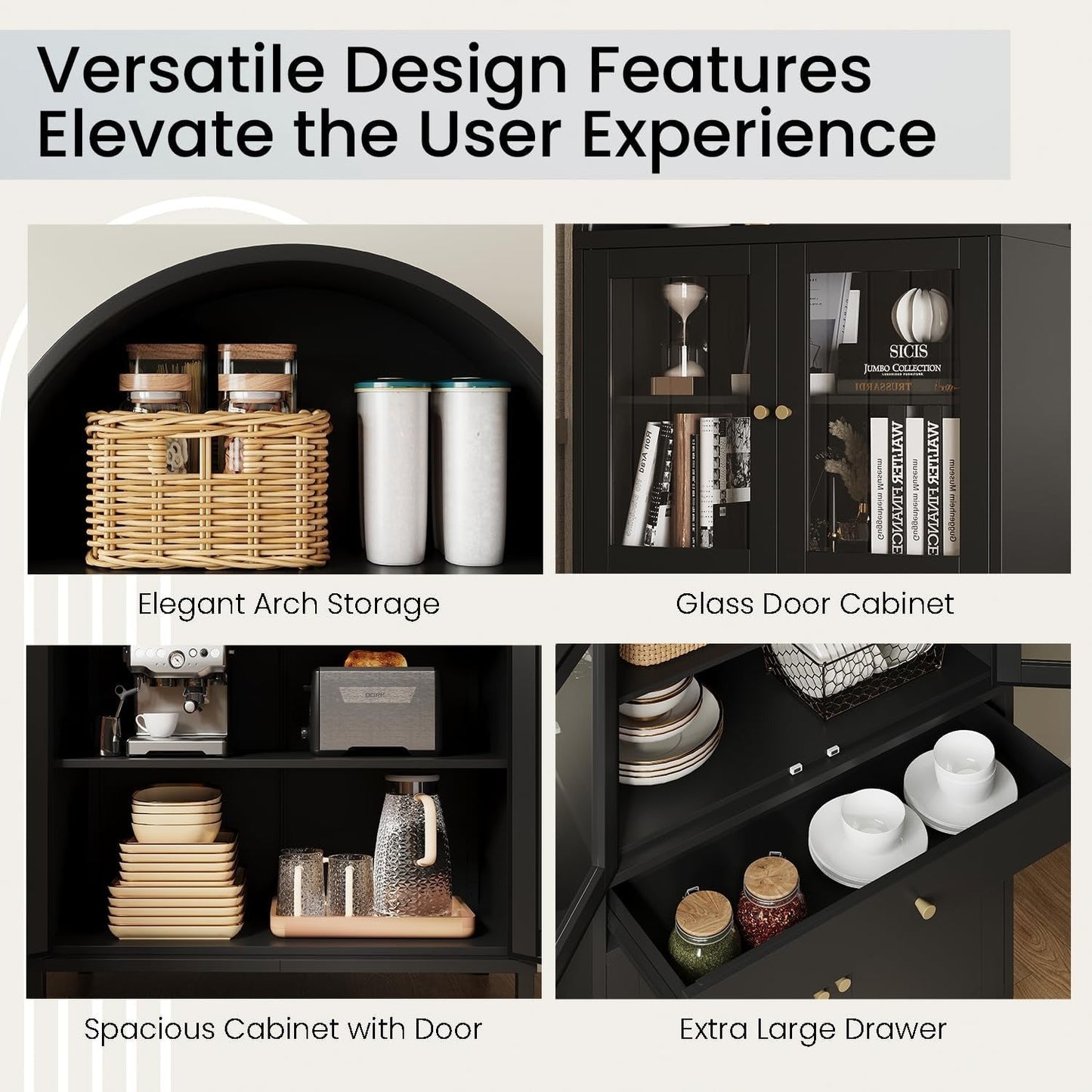 YODOLLA 73'' Kitchen Pantry, Metal Arched Storage Cabinet with Glass Doors/Adjustable Shelfs/Drawer