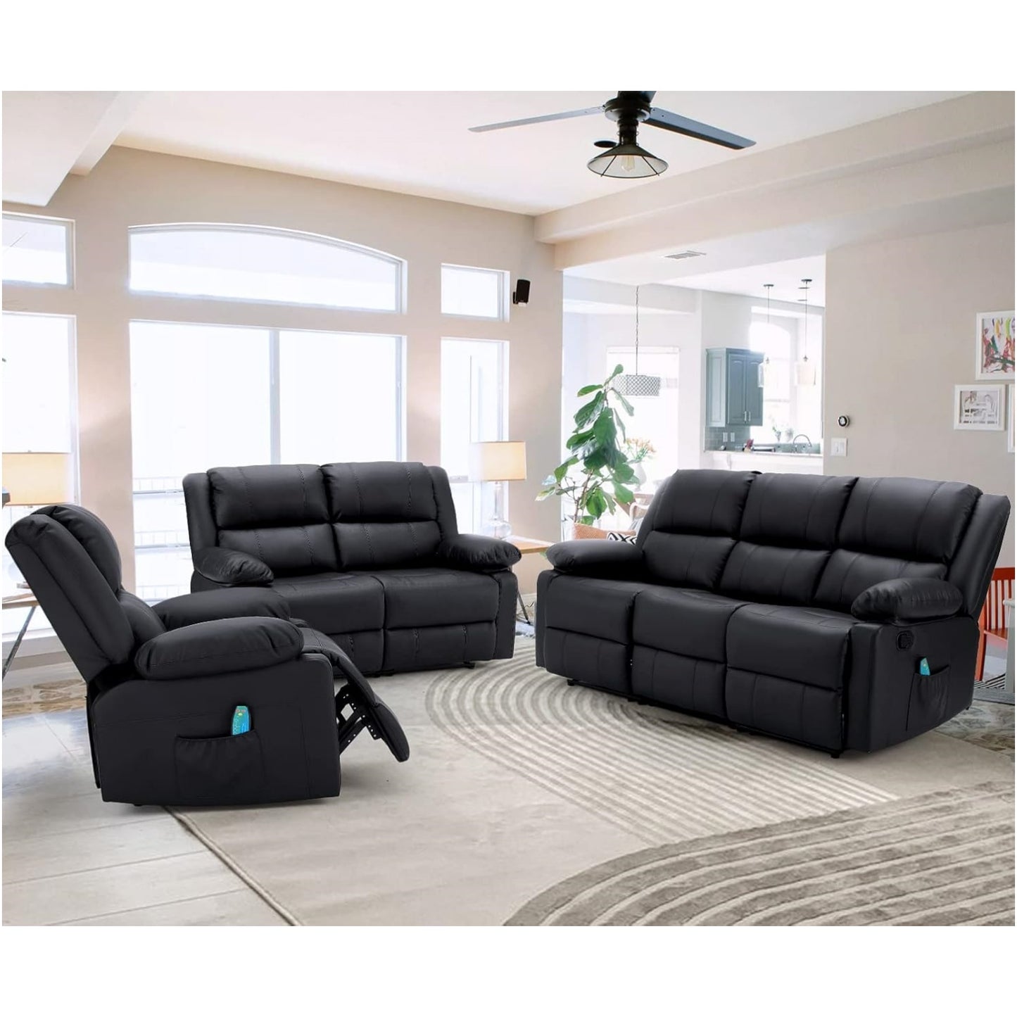 YODOLLA 3 PCS Recliner Sofa Set Overstuffed Leather Reclining Sofa, Black