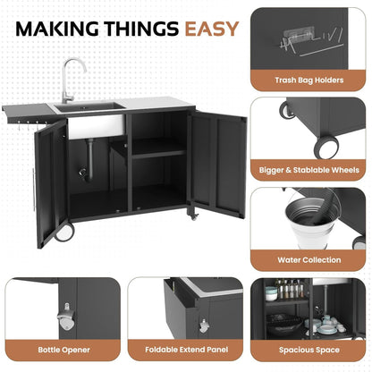 YODOLLA Grill Table with Sink, Stainless Steel Kitchen Island Cabinets Sink Station