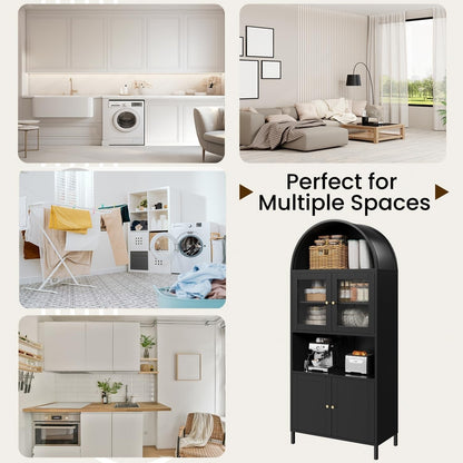 YODOLLA 73" Kitchen Pantry, Metal Arched Cabinet with Glass Door & Adjustable Shelves