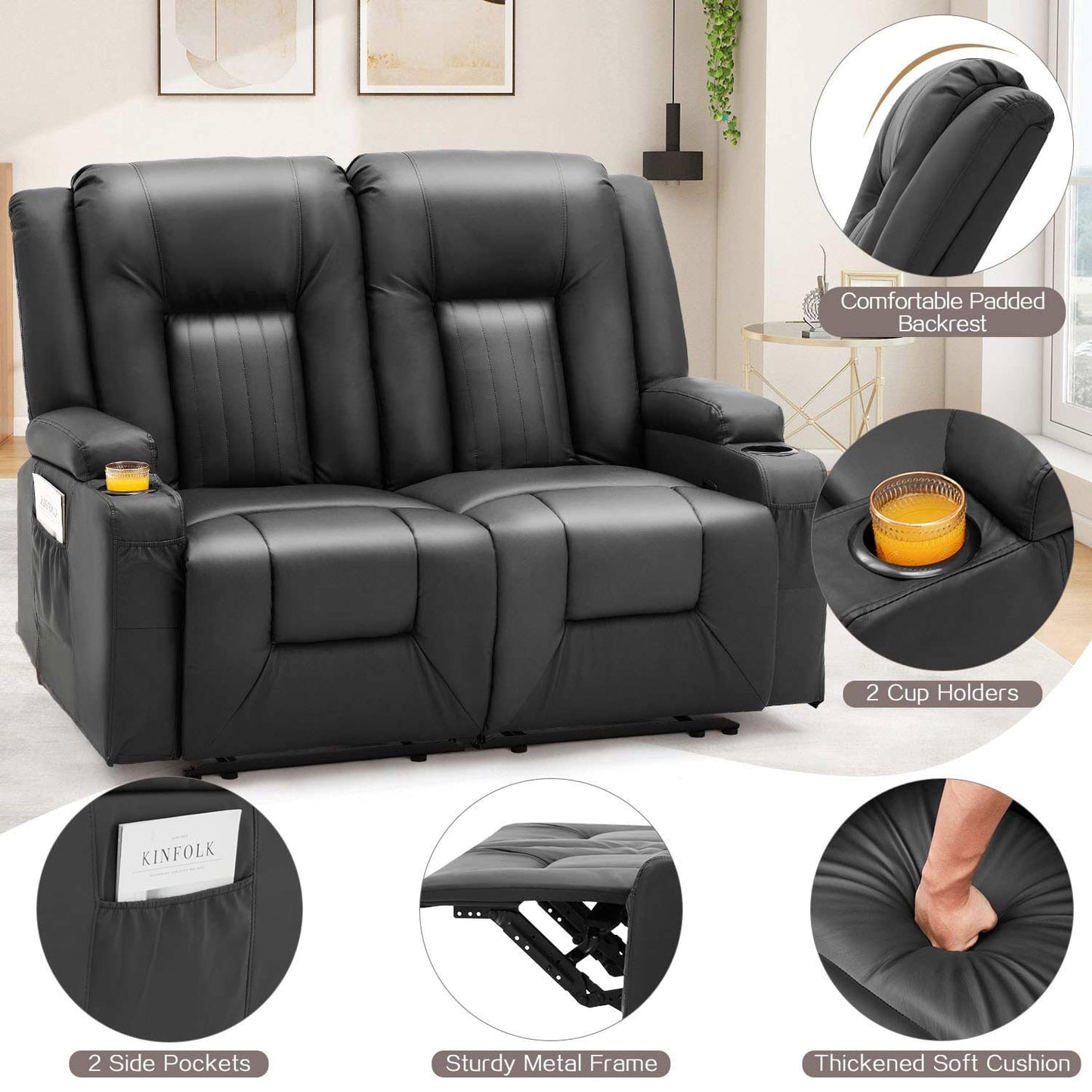 YODOLLA Double Recliner, Home Theater Seating, Black
