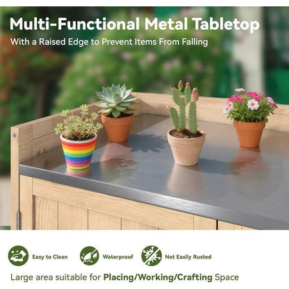 YODOLLA Potting Bench, Outdoor Wooden Storage Cabinet with Adjustable Shelf