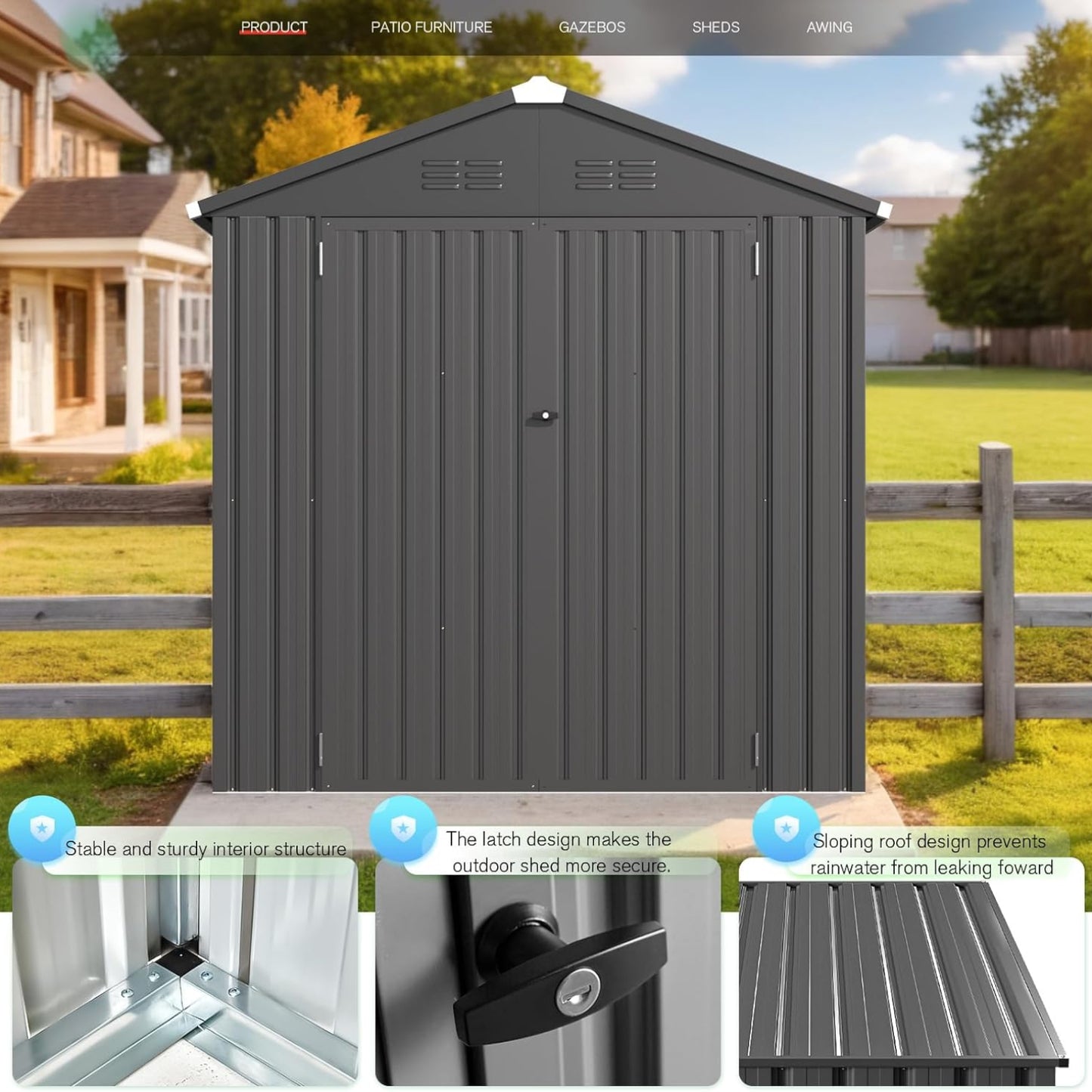 YODOLLA Shed 6' x 4' Storage Shed, Metal Sheds & Outdoor Storage, Dark Grey