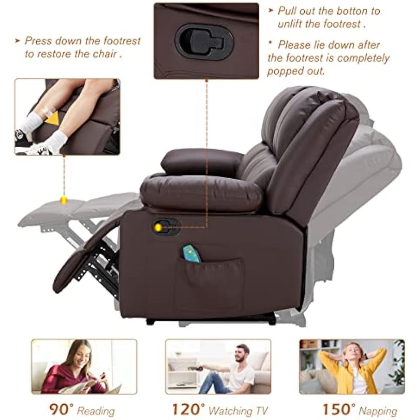 YODOLLA Reclining Sofa 3-Seater Couch, Brown