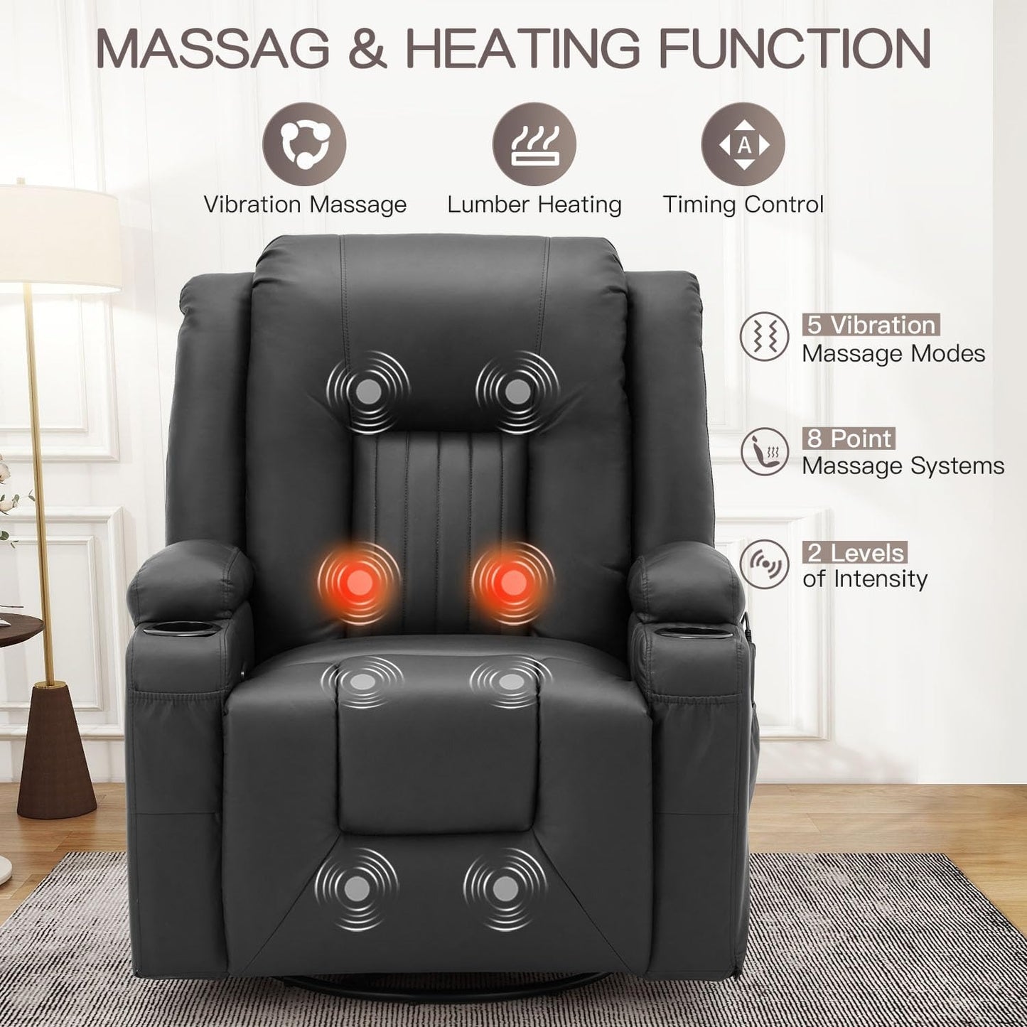 YODOLLA Recliner Chair with Heat&Massage, PU Leather Black