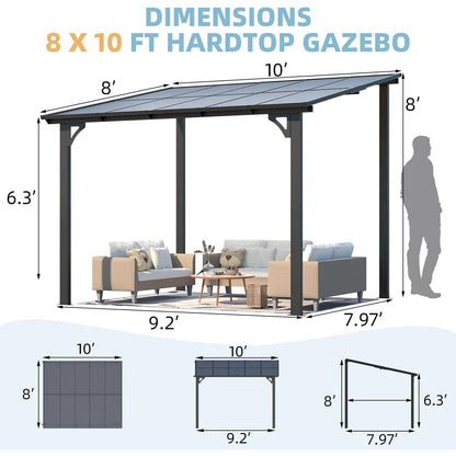 YODOLLA 10' x 8' Lean to Gazebo Pergola for Patio, Dark Grey