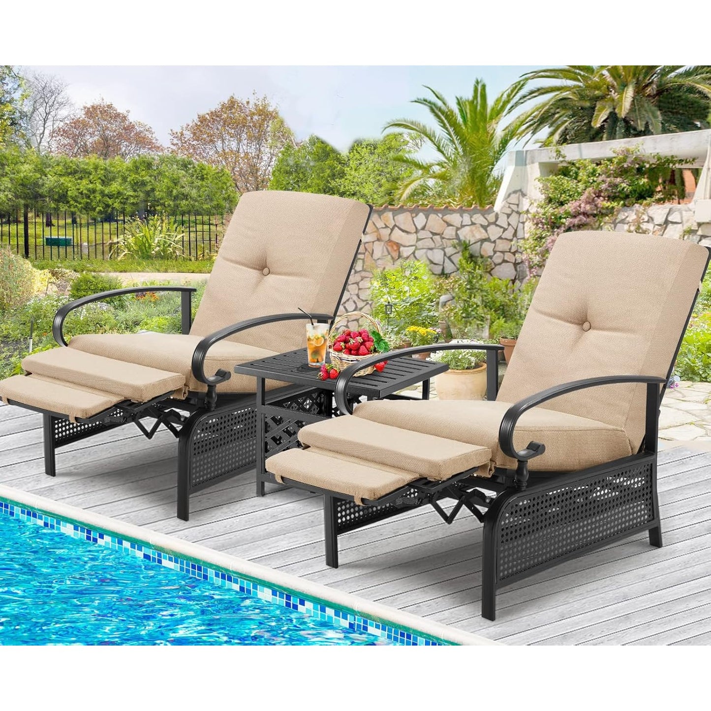 YODOLLA Outdoor Recliner Chair with Beige Olefin Cushions Set of 2