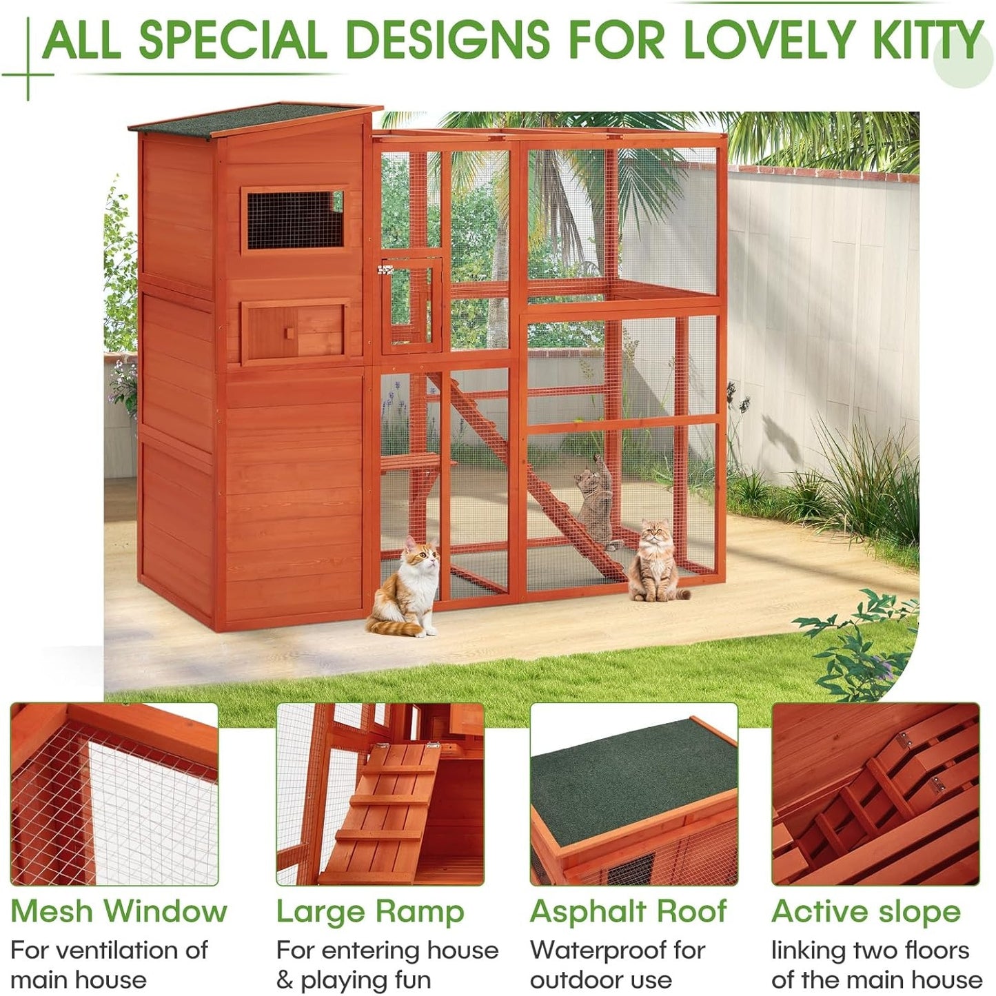 YODOLLA Large Spacious Cat Cage with Weatherproof Roof, Natural Wood