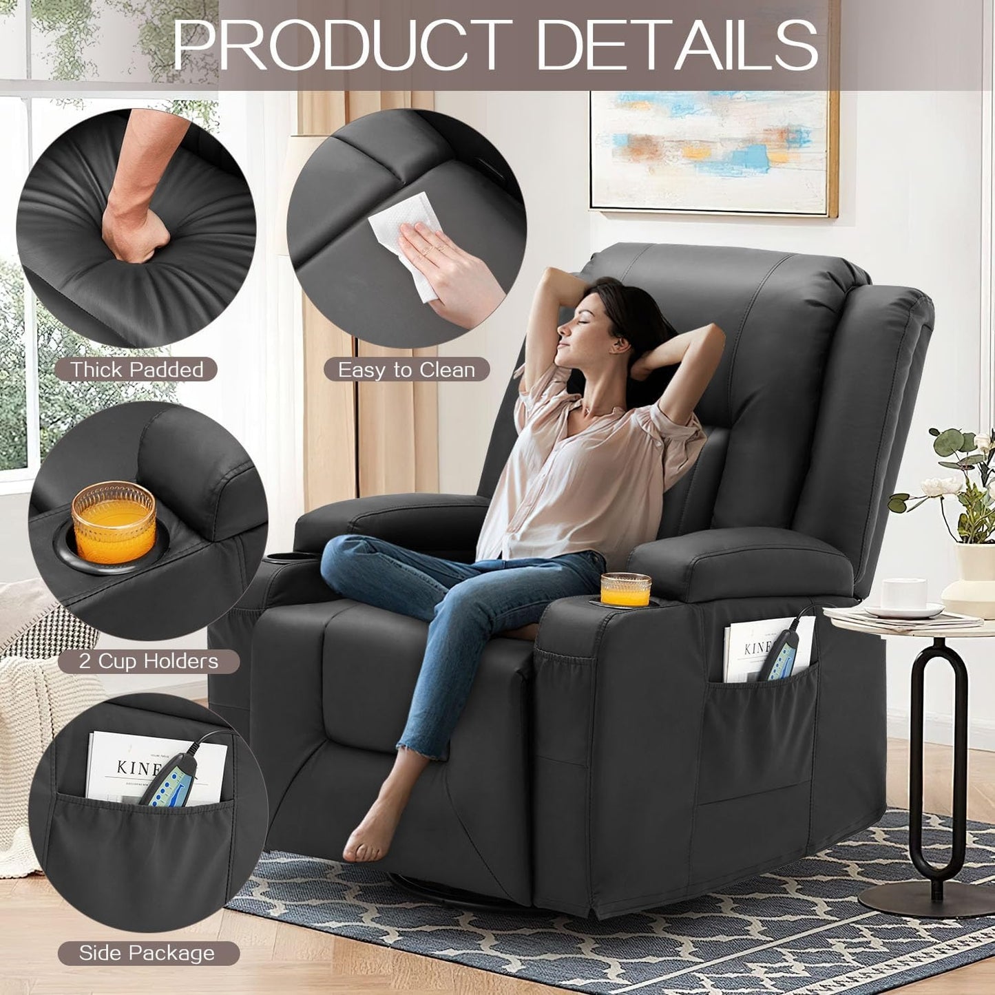 YODOLLA Recliner Chair with Heat&Massage, PU Leather Black