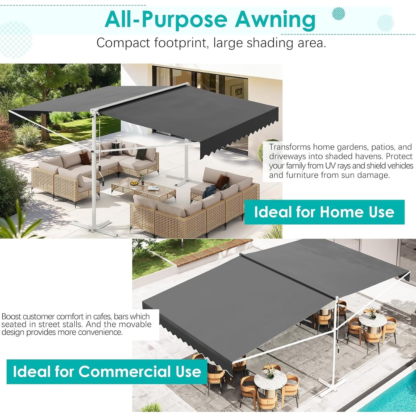YODOLLA 13'x10' Dual Side Free Standing Retractable Awning, Dark Gray