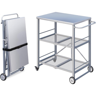 YODOLLA Foldable Stainless Steel Grill Cart Table with Wheels, Gray