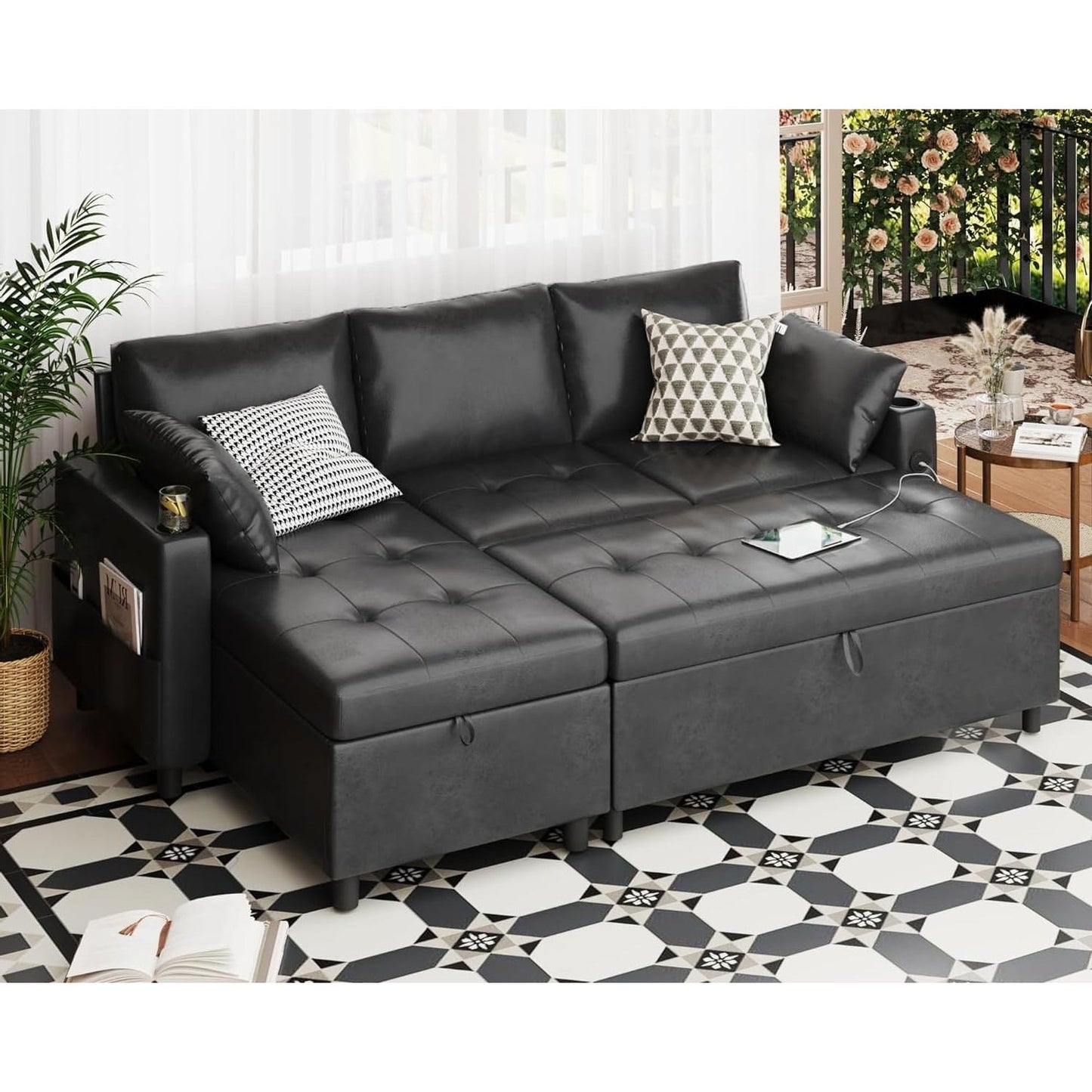 YODOLLA Faux Leather L-Shaped Sleeper Sofa, Pullout Bed, USB & Storage, Black